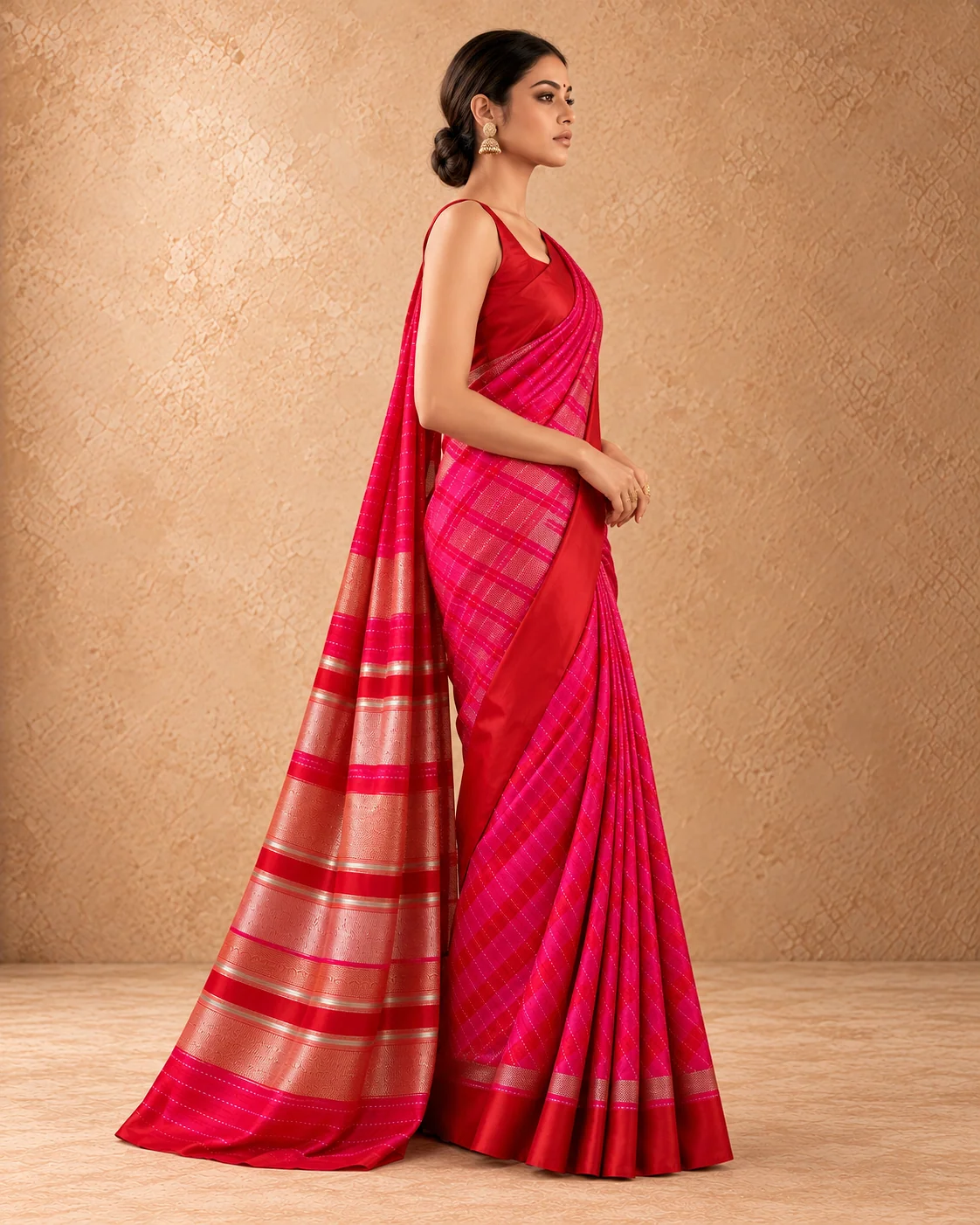 Rani Pink & Red Katan Silk Saree