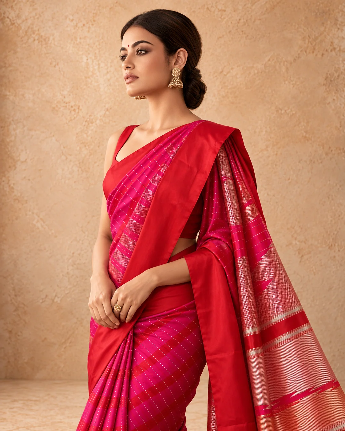 Rani Pink & Red Katan Silk Saree