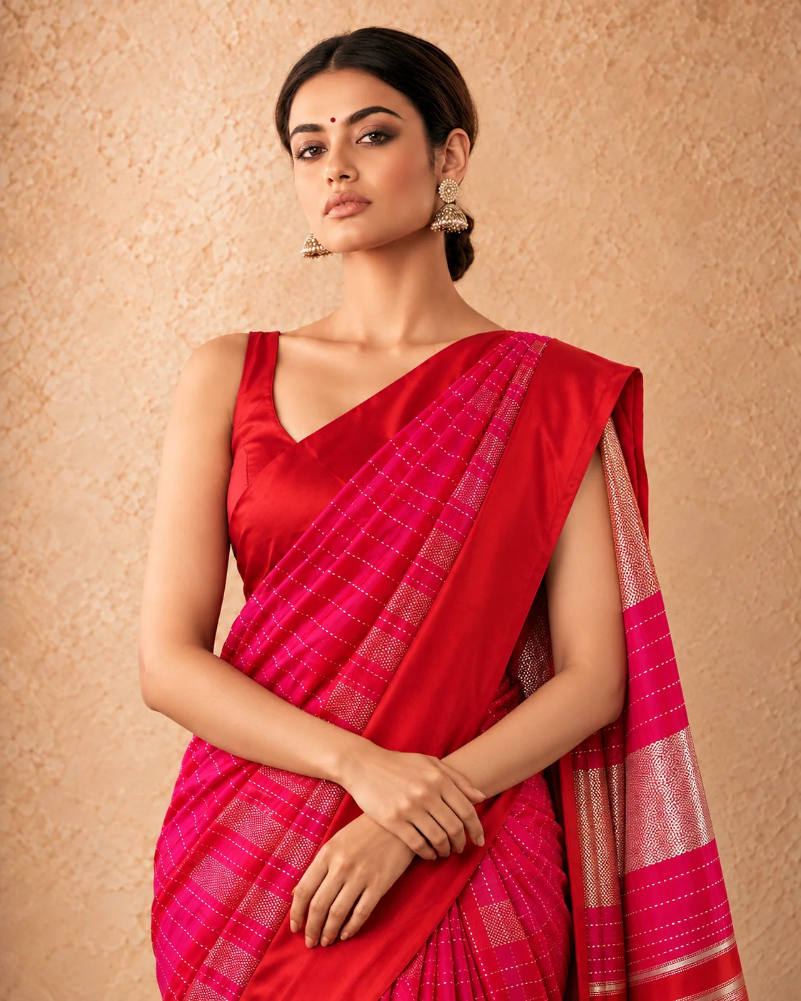 Rani Pink & Red Katan Silk Saree