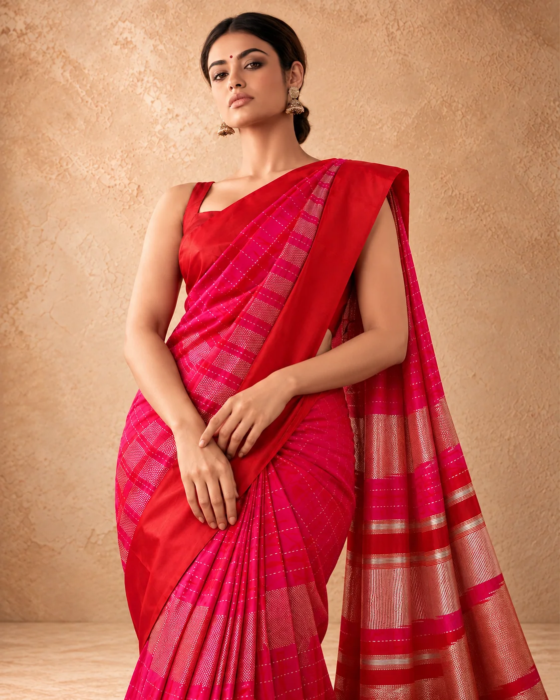 Rani Pink & Red Katan Silk Saree