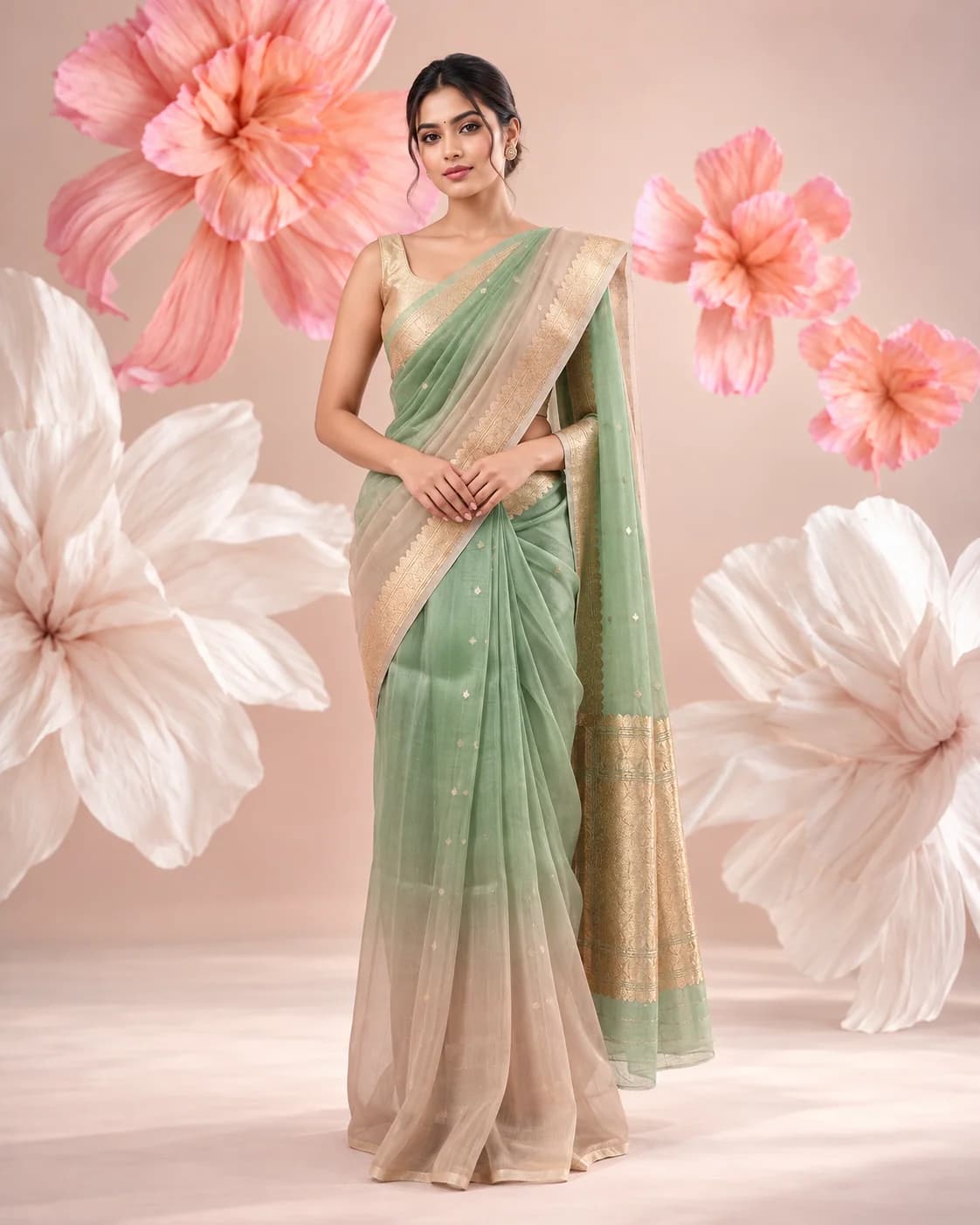 Shaded Green & Peach Organza Saree