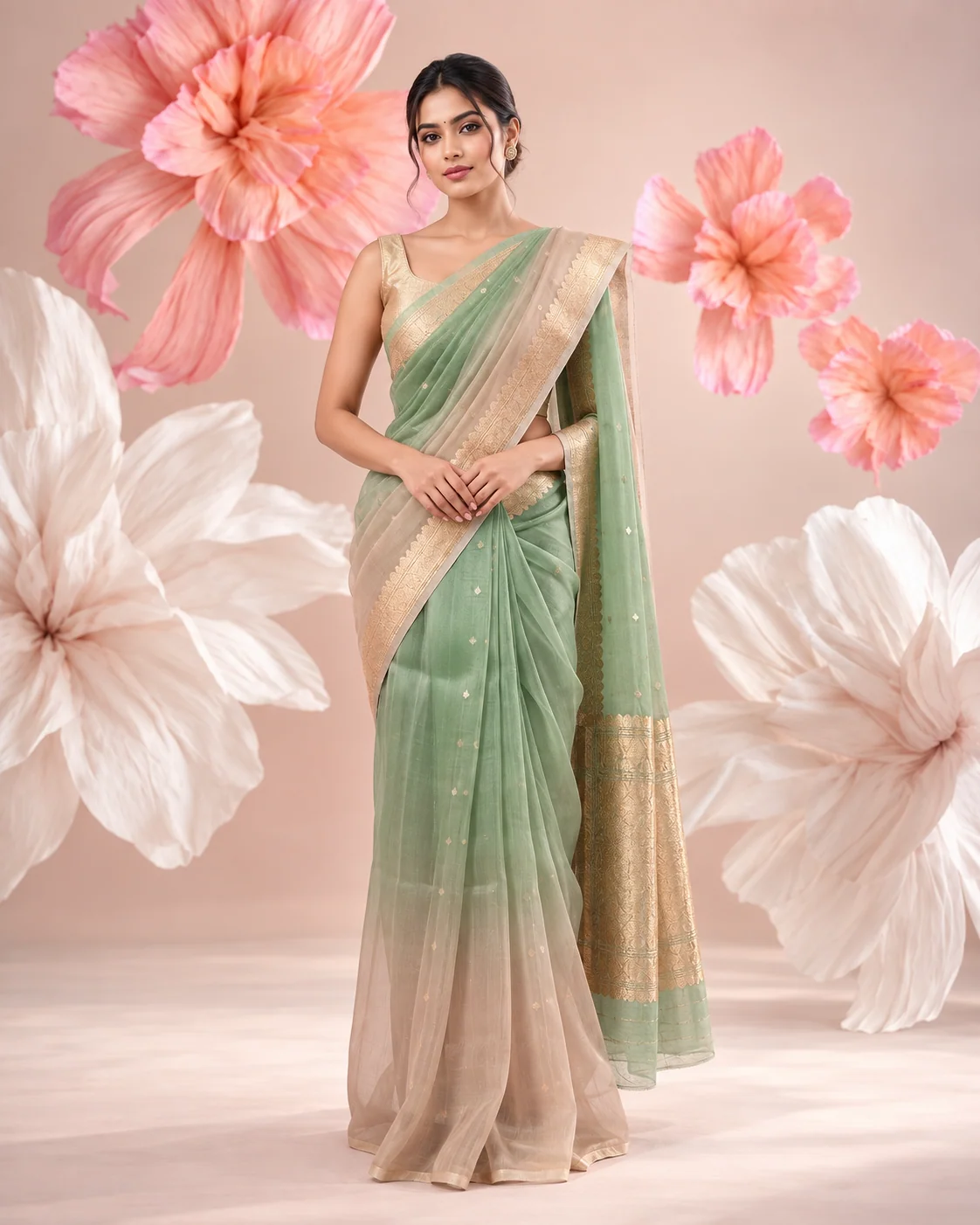 Shaded Green & Peach Organza Saree