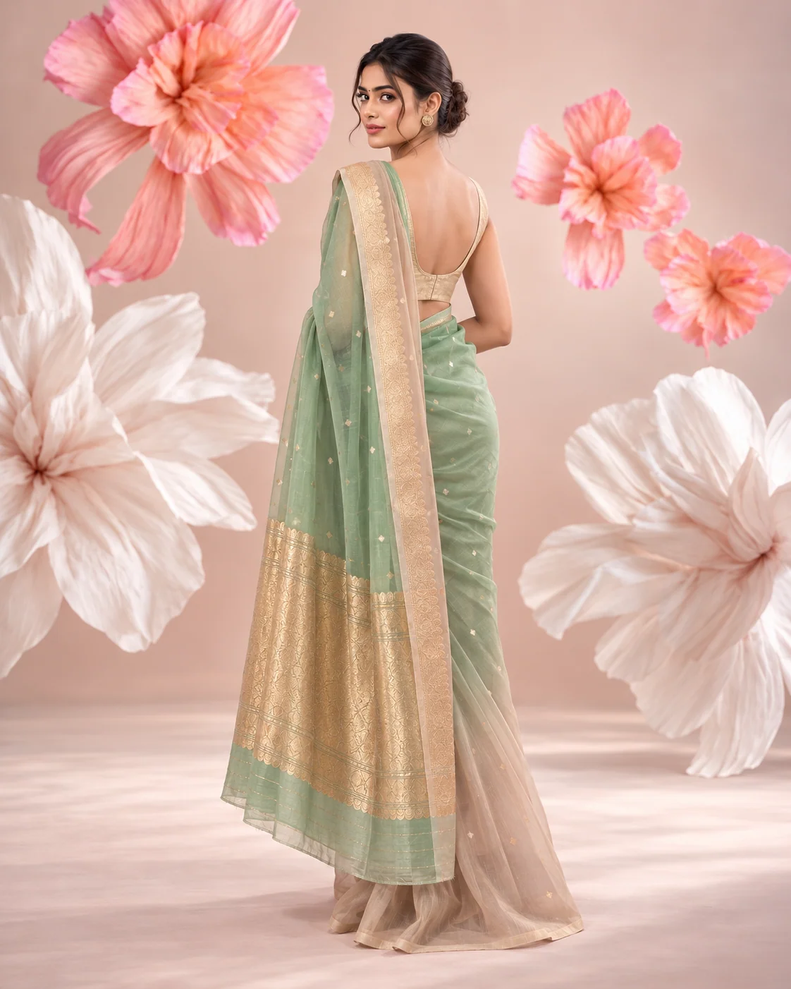Shaded Green & Peach Organza Saree