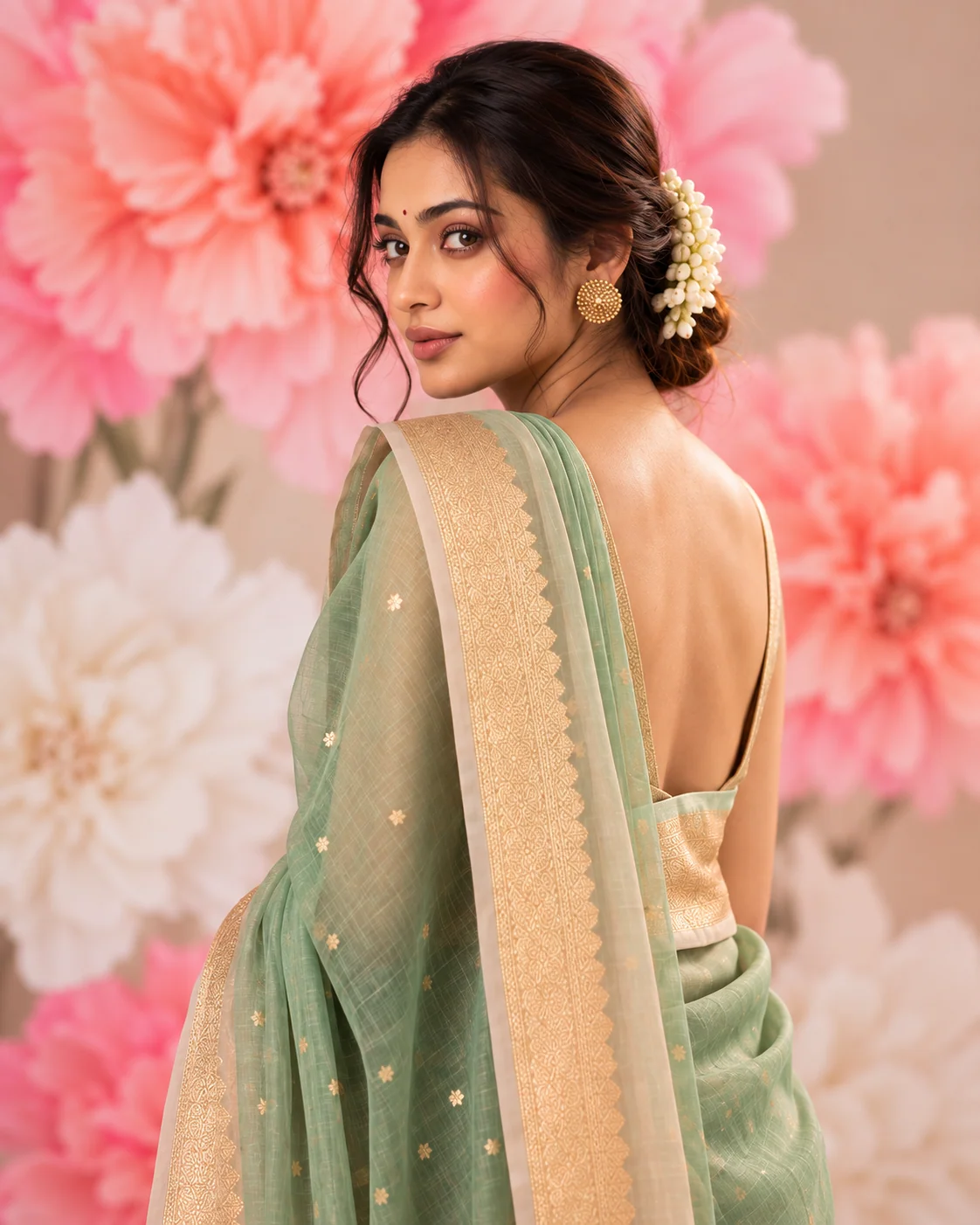 Shaded Green & Peach Organza Saree