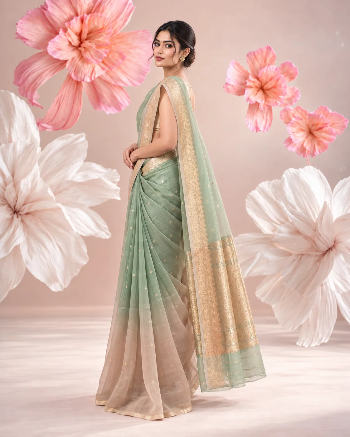 Shaded Green & Peach Organza Saree