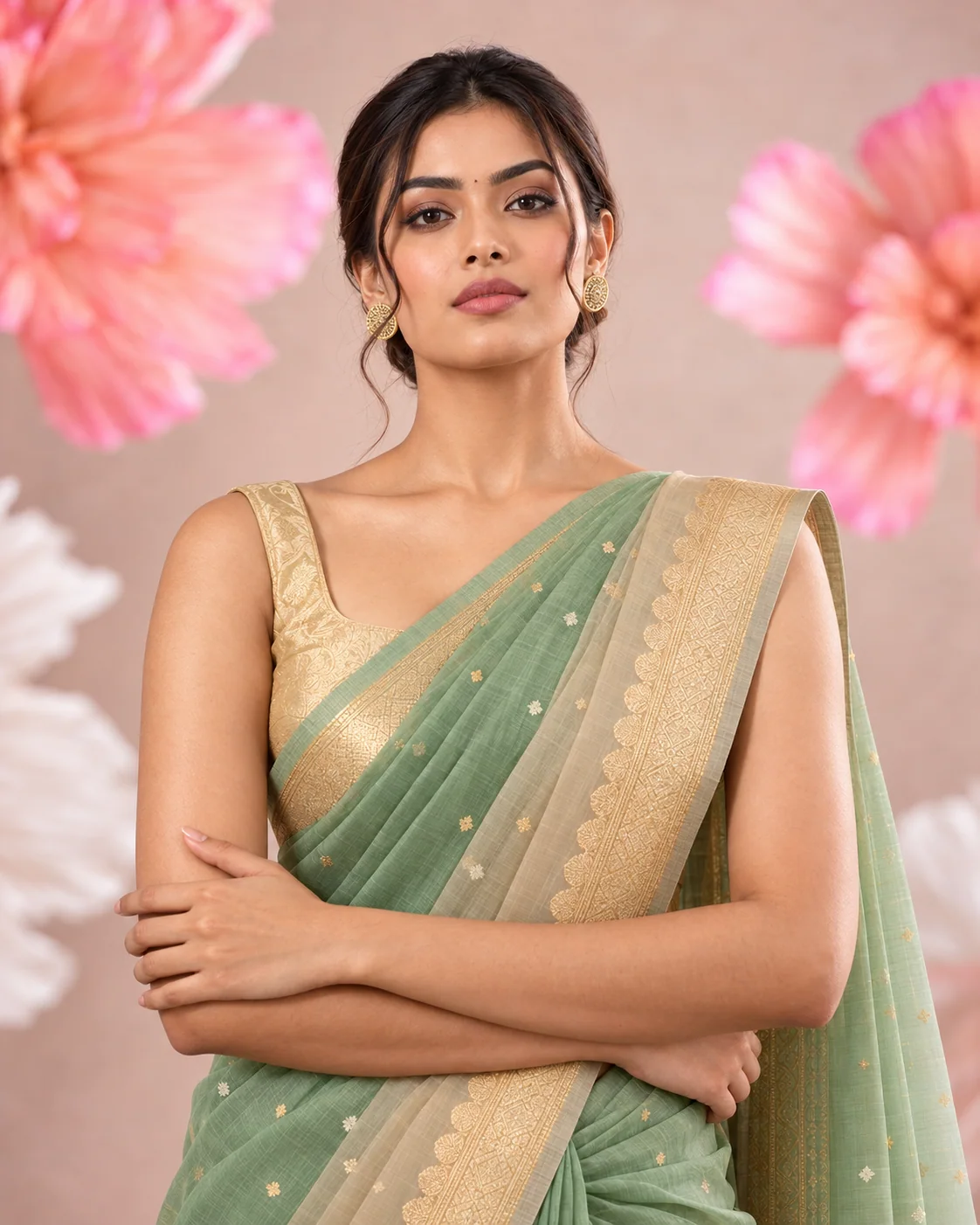Shaded Green & Peach Organza Saree