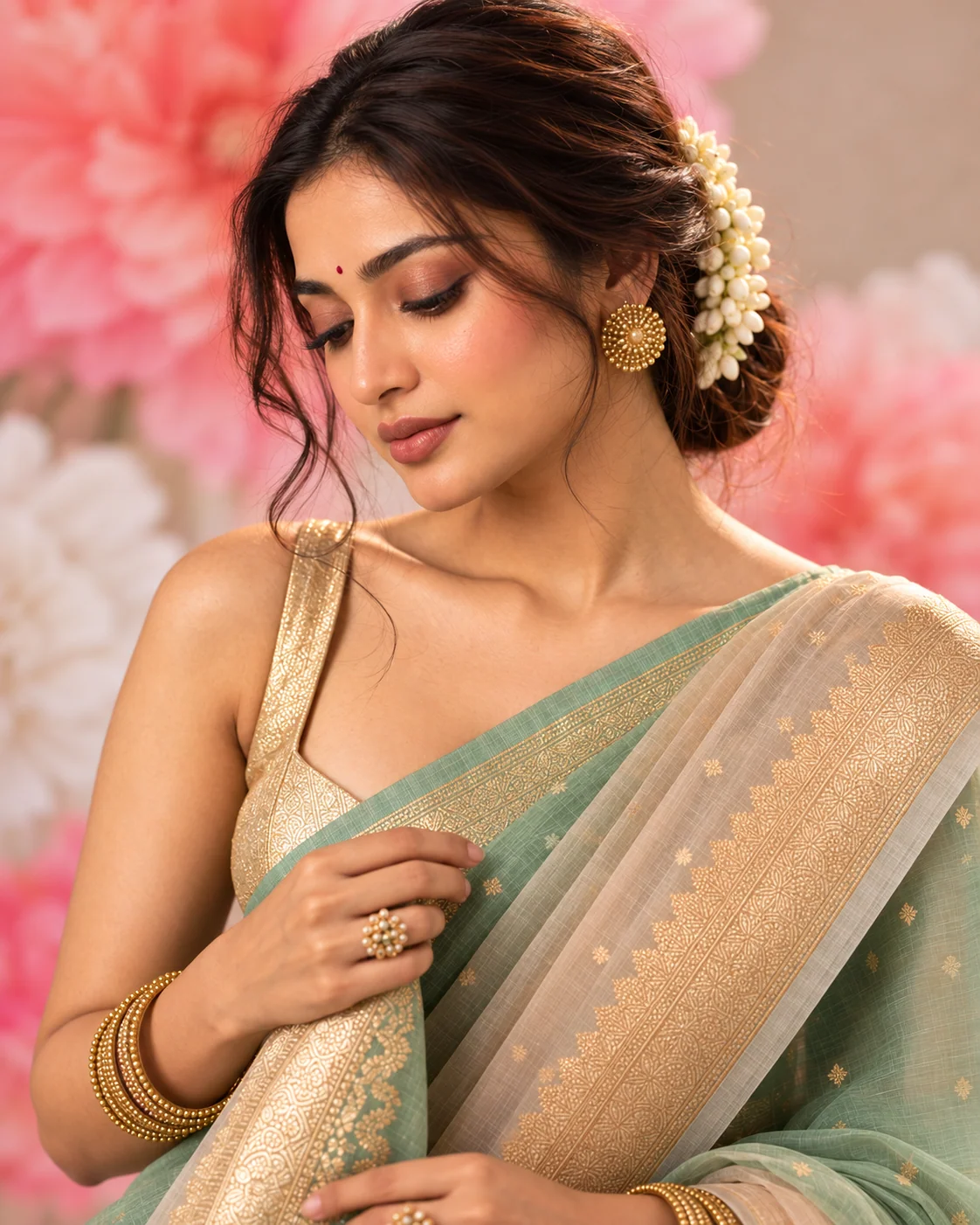 Shaded Green & Peach Organza Saree
