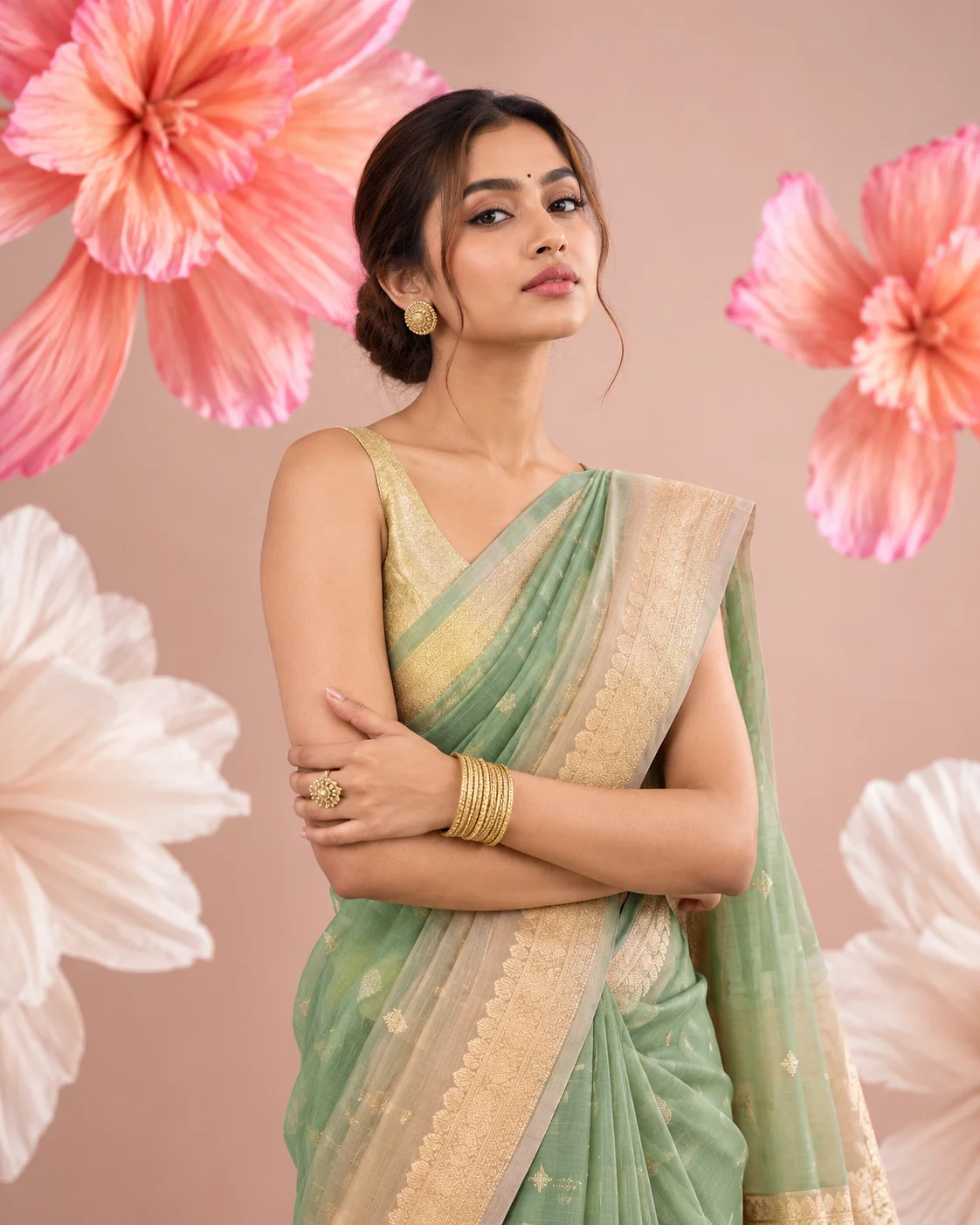 Shaded Green & Peach Organza Saree