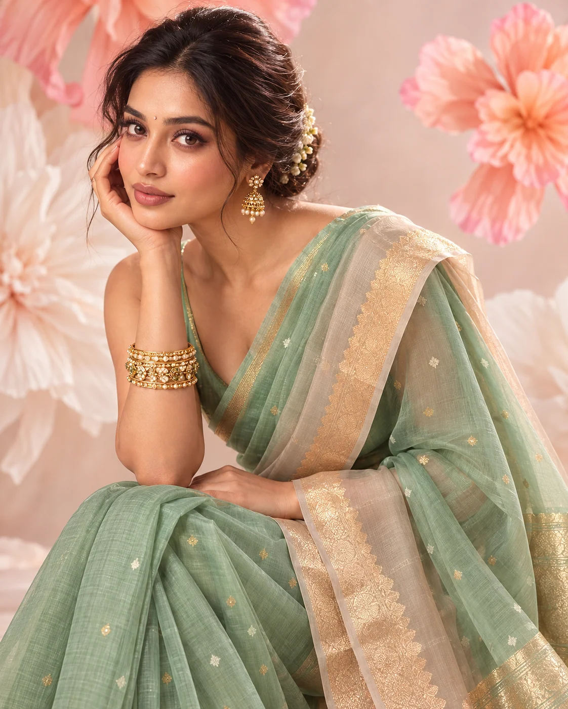 Shaded Green & Peach Organza Saree
