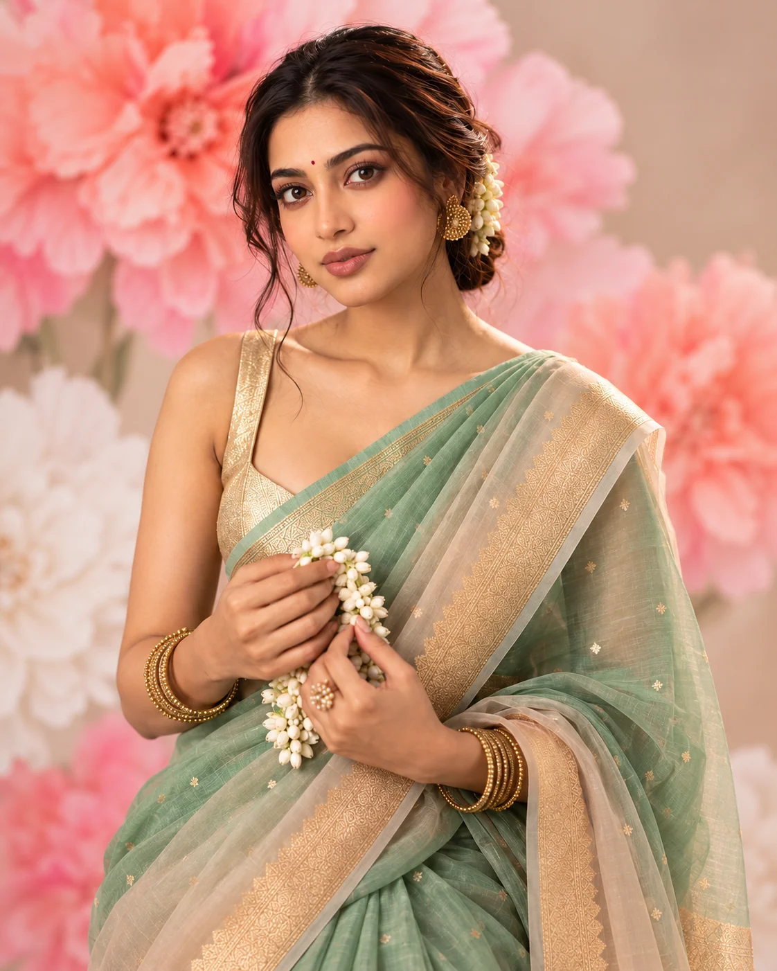 Shaded Green & Peach Organza Saree