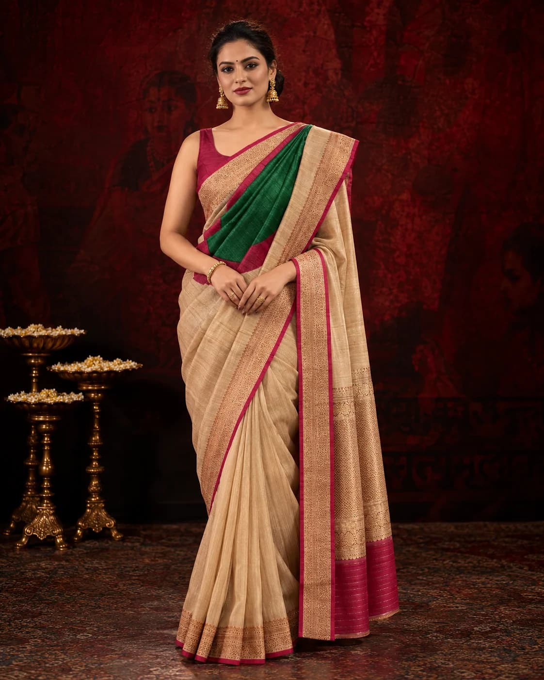 Beige, Green & Maroon Tussar Printed Saree