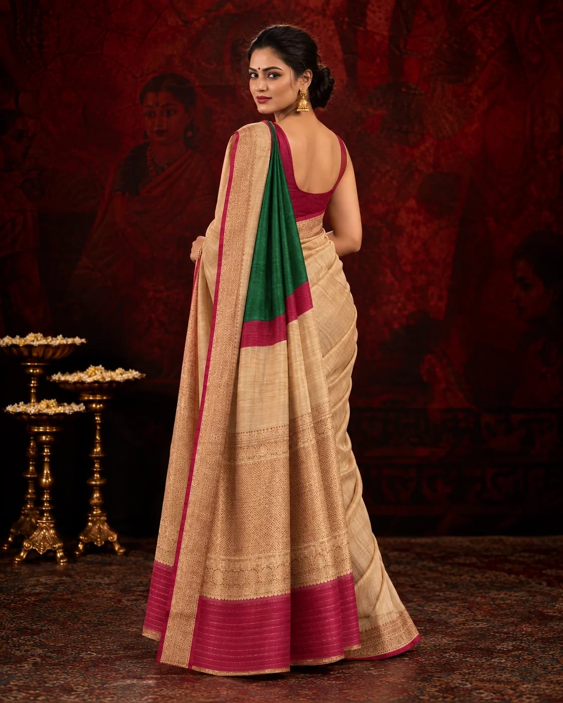 Beige, Green & Maroon Tussar Printed Saree
