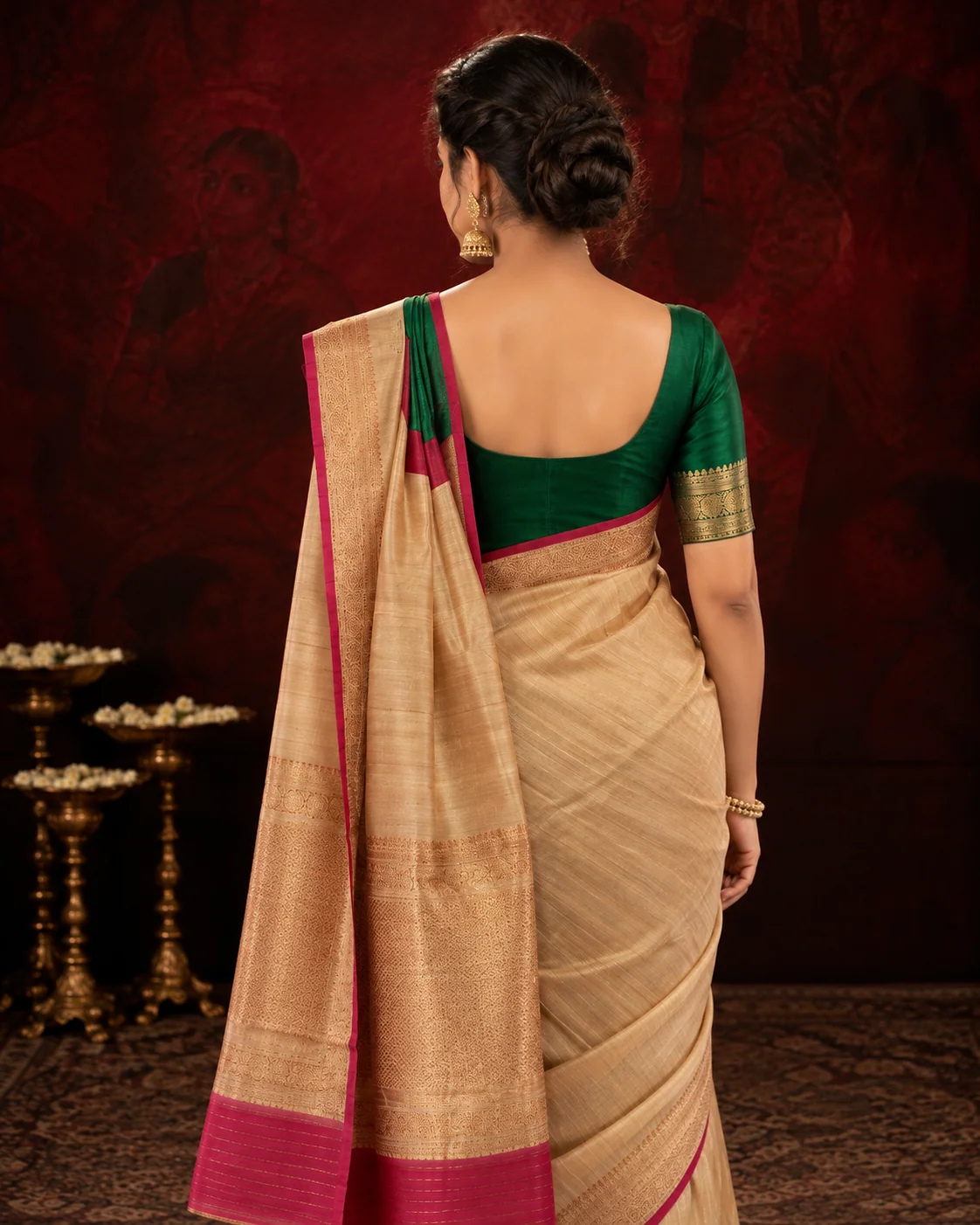 Beige, Green & Maroon Tussar Printed Saree