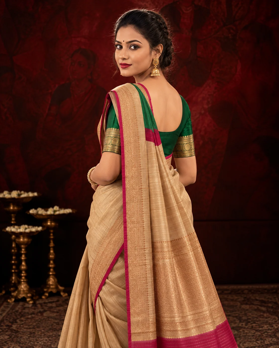 Beige, Green & Maroon Tussar Printed Saree