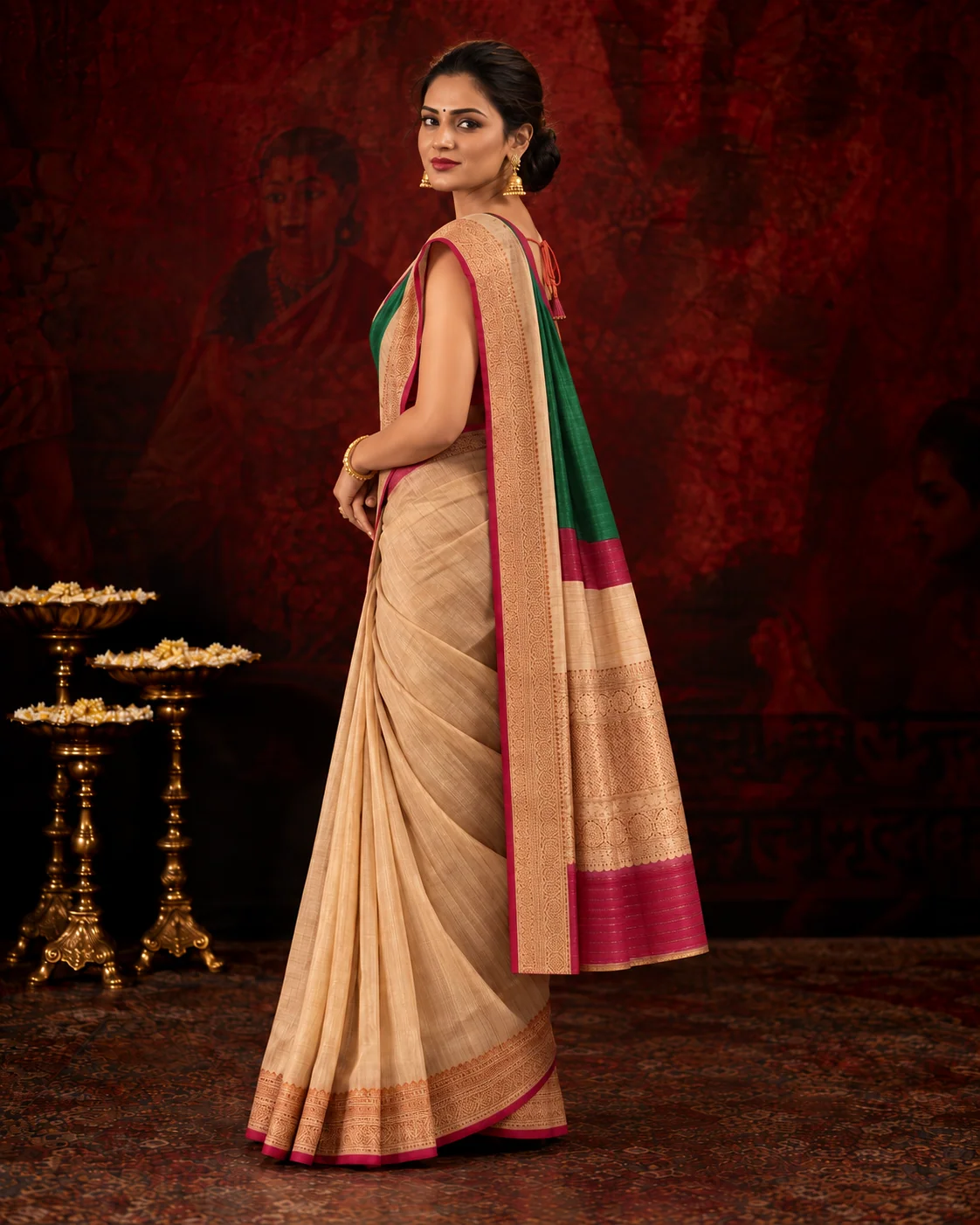 Beige, Green & Maroon Tussar Printed Saree