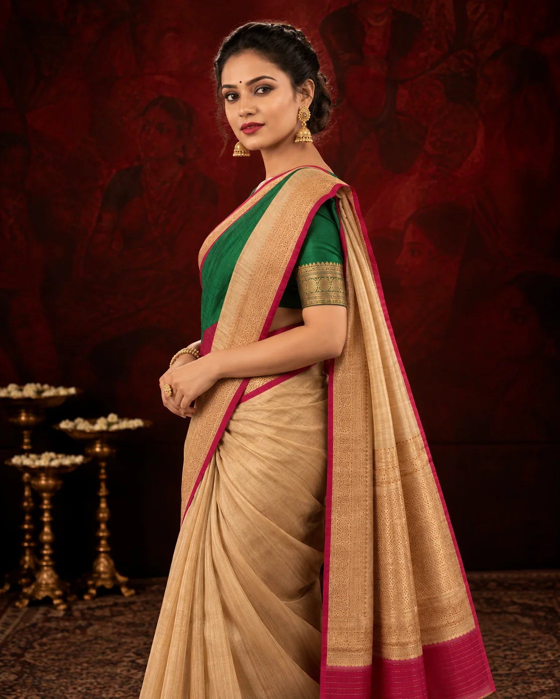 Beige, Green & Maroon Tussar Printed Saree