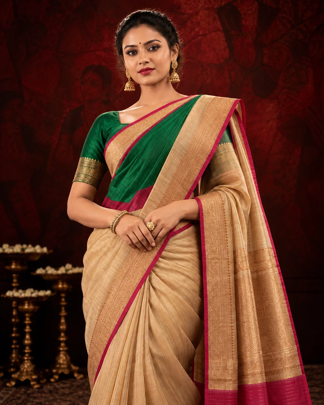Beige, Green & Maroon Tussar Printed Saree