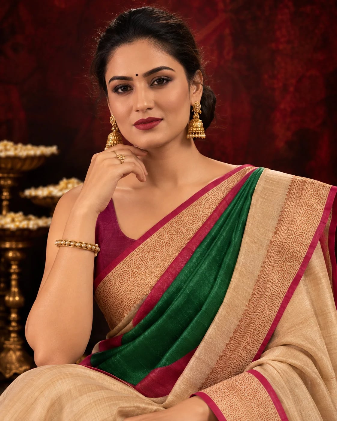 Beige, Green & Maroon Tussar Printed Saree