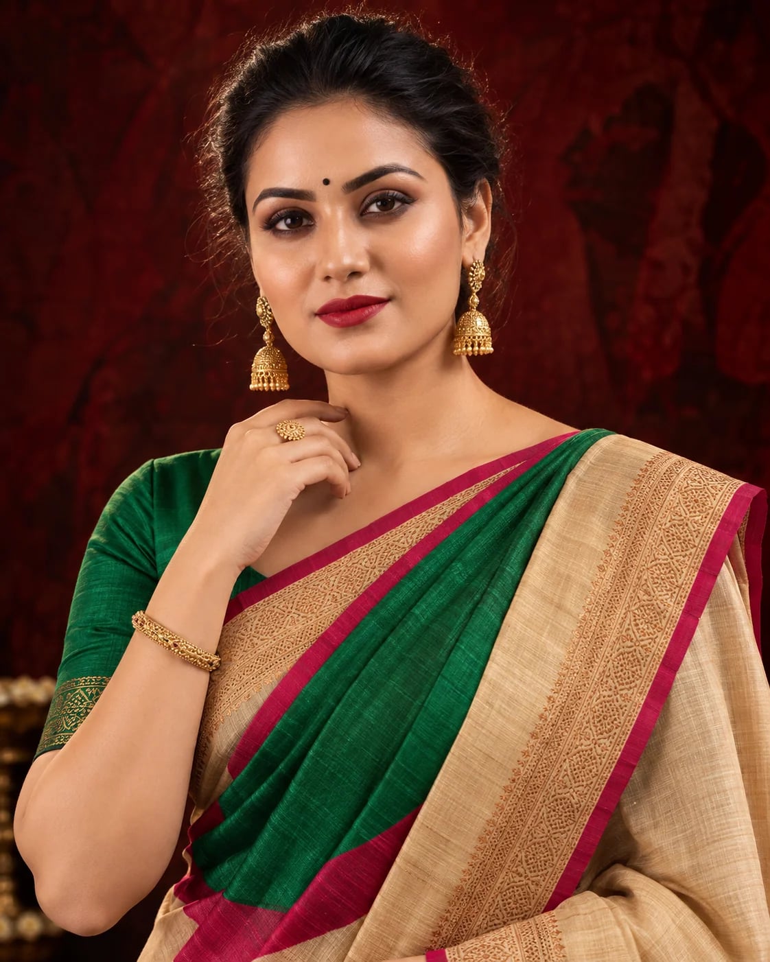 Beige, Green & Maroon Tussar Printed Saree
