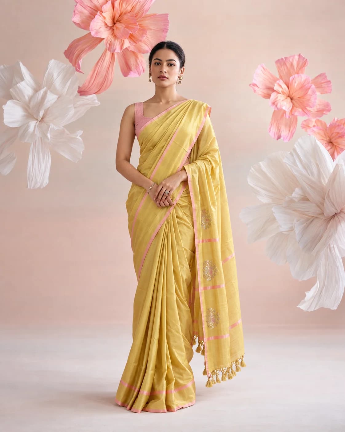 Lemon Yellow Satin Silk Saree