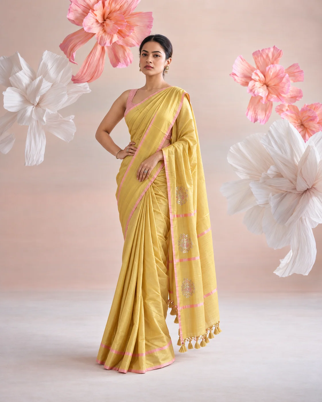 Lemon Yellow Satin Silk Saree