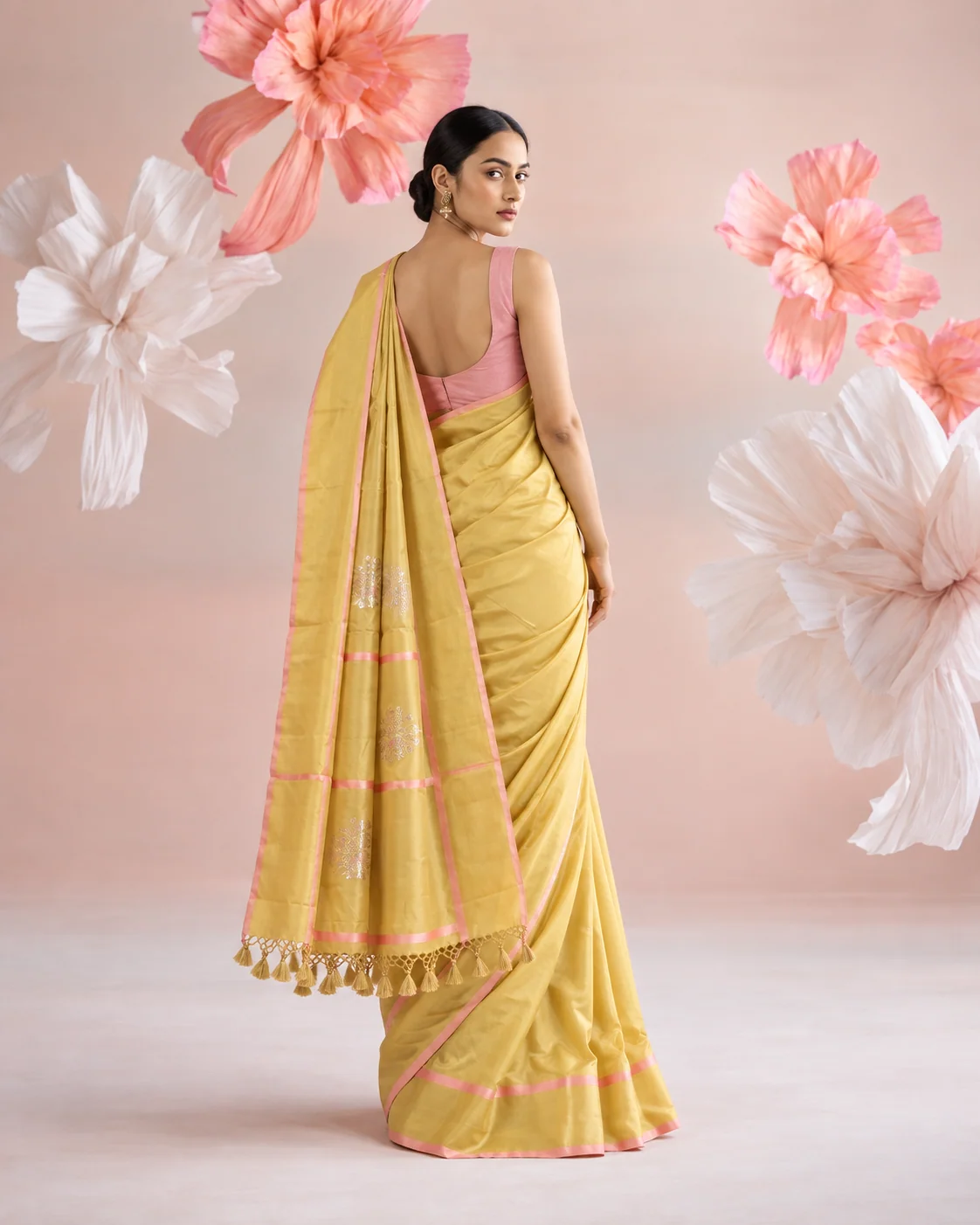 Lemon Yellow Satin Silk Saree