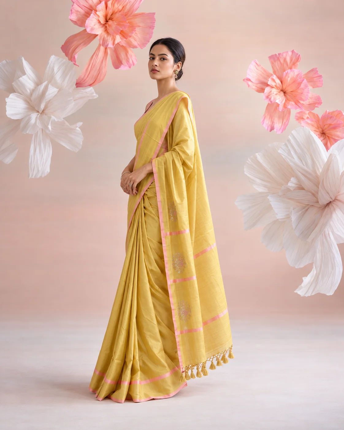 Lemon Yellow Satin Silk Saree