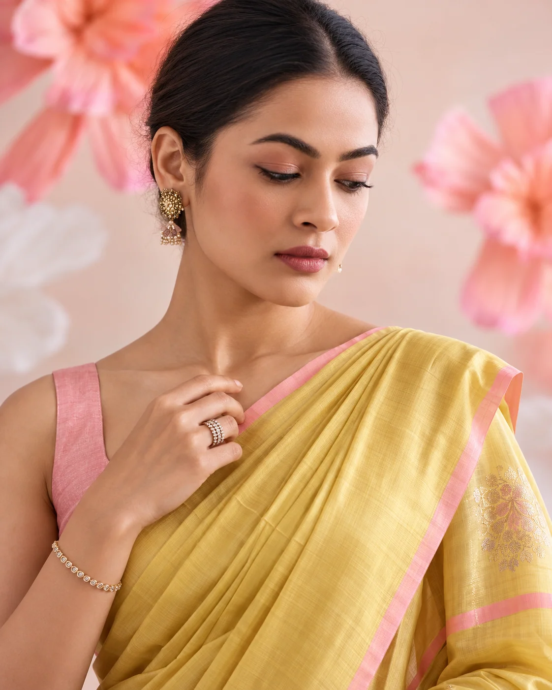 Lemon Yellow Satin Silk Saree