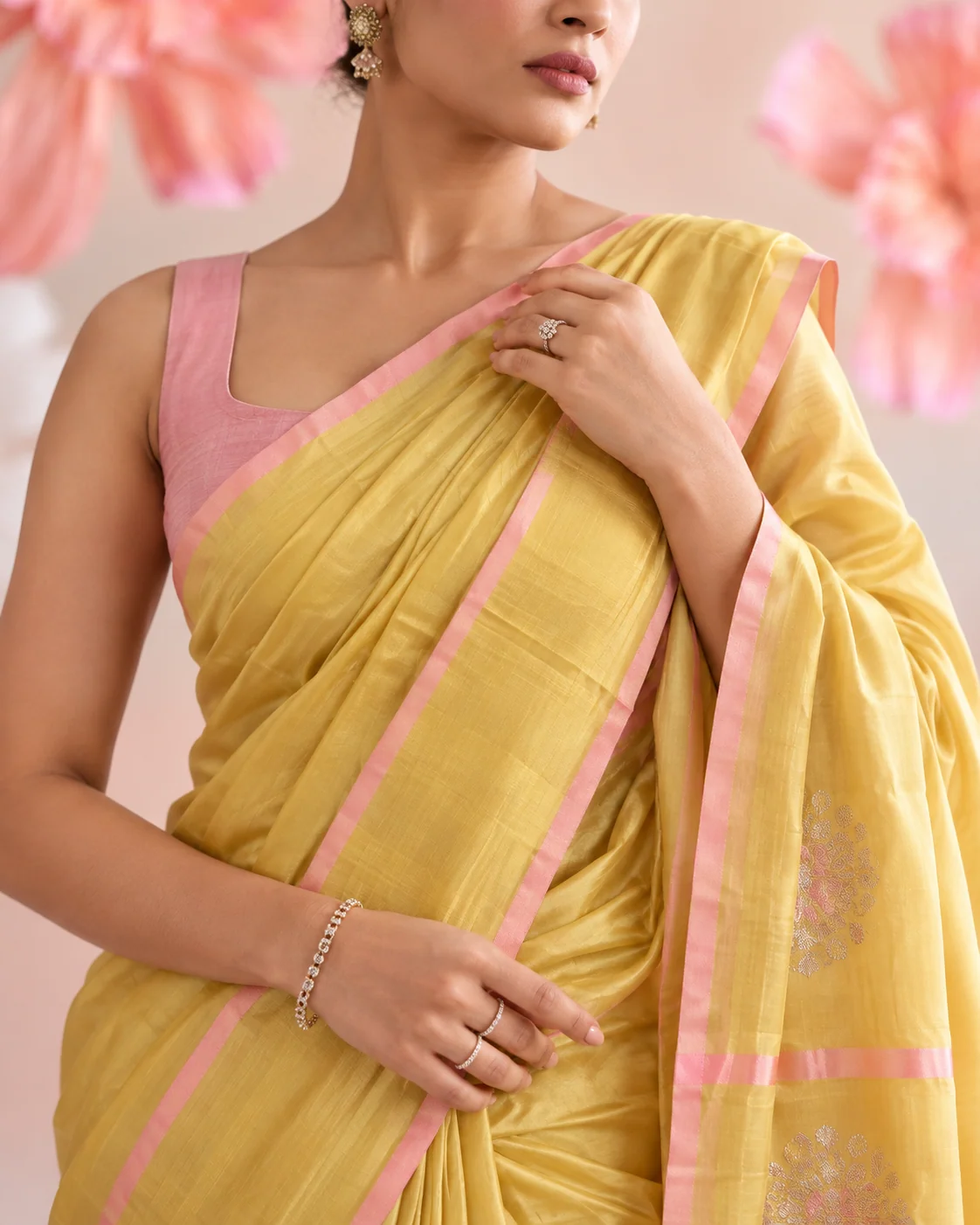 Lemon Yellow Satin Silk Saree