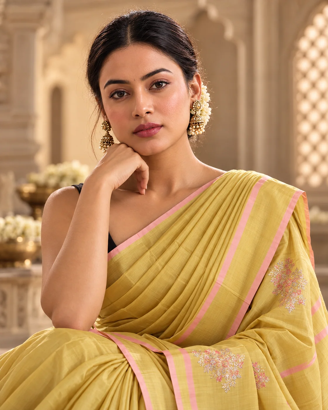 Lemon Yellow Satin Silk Saree
