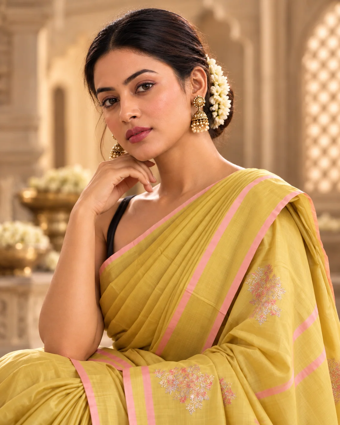 Lemon Yellow Satin Silk Saree