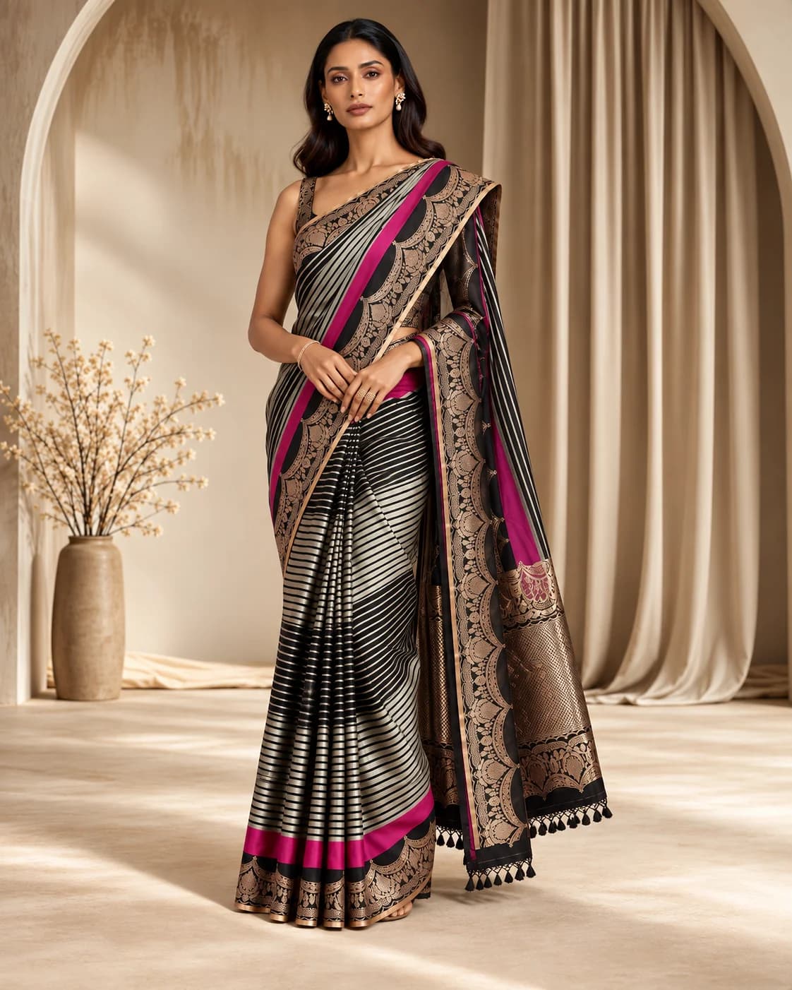 Black Striped Katan Silk Saree, Pink Border
