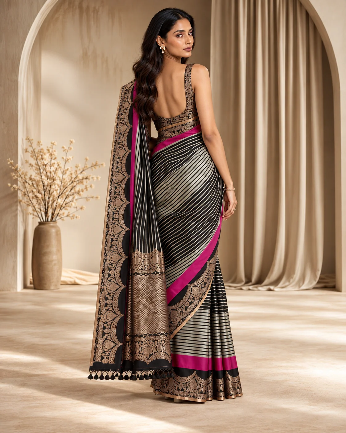 Black Striped Katan Silk Saree, Pink Border