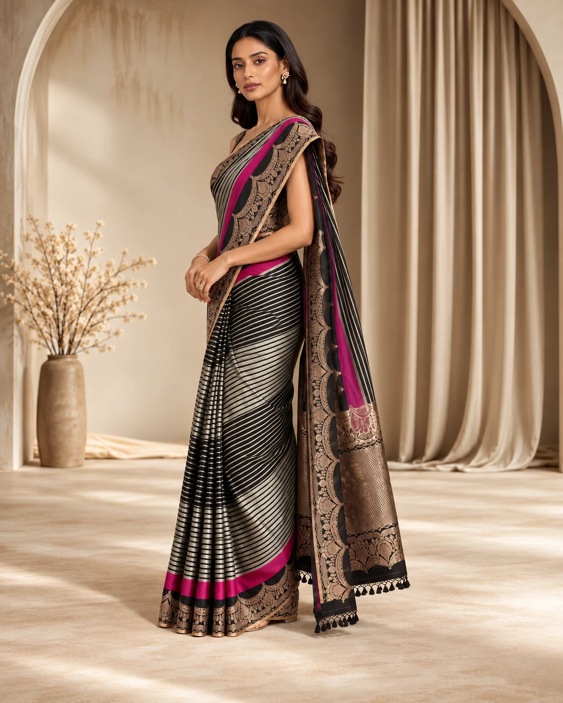 Black Striped Katan Silk Saree, Pink Border