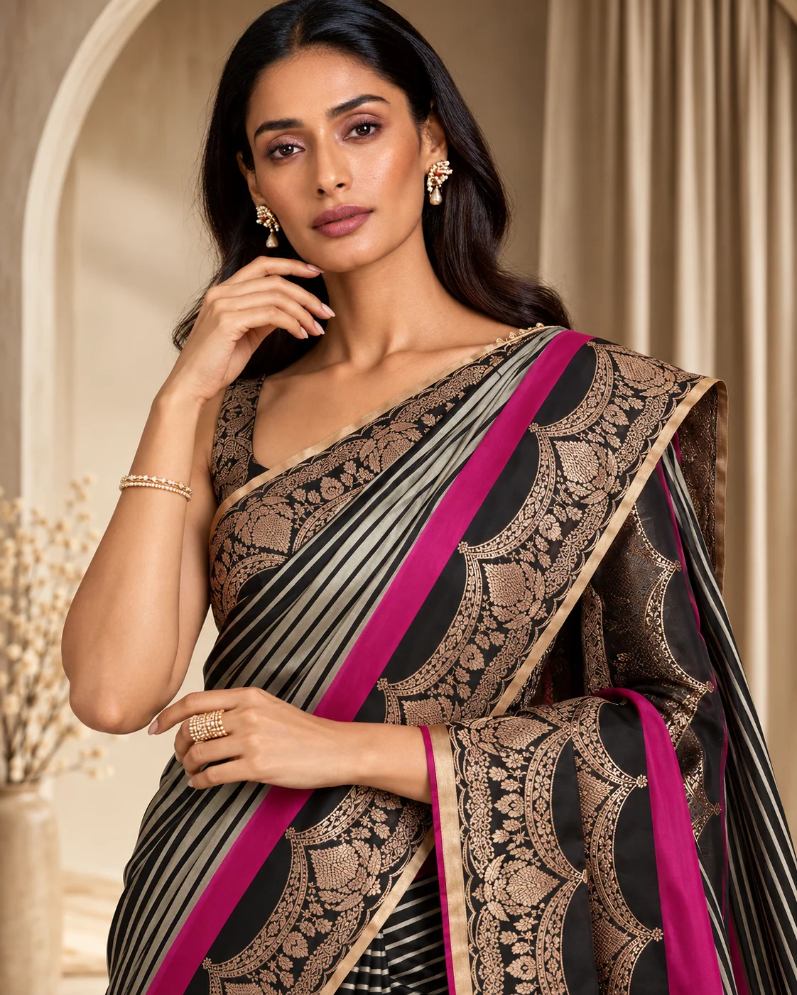 Black Striped Katan Silk Saree, Pink Border