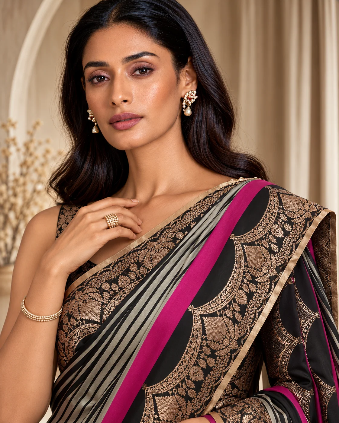 Black Striped Katan Silk Saree, Pink Border