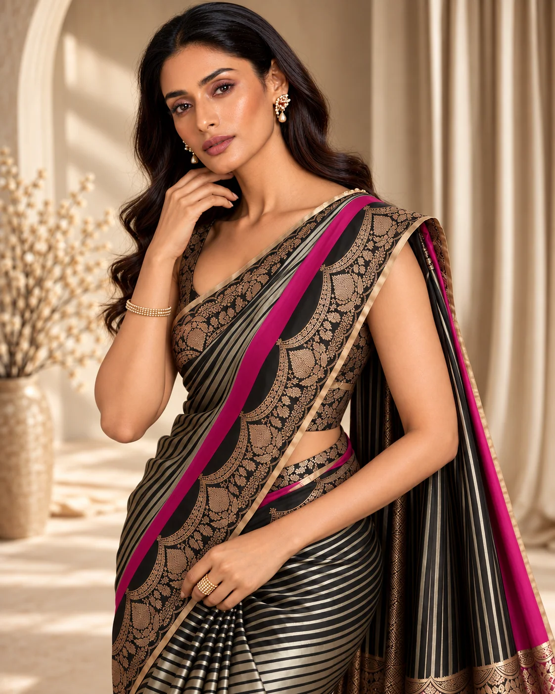 Black Striped Katan Silk Saree, Pink Border