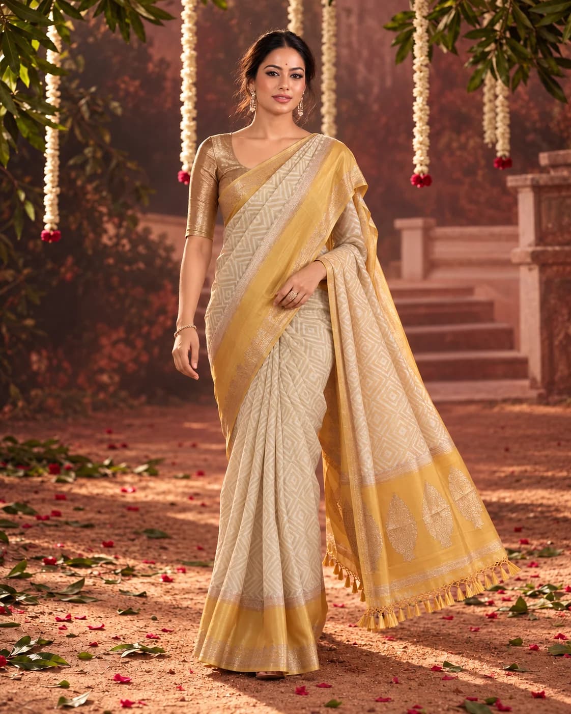 White & Yellow Organza Saree, Satin Border