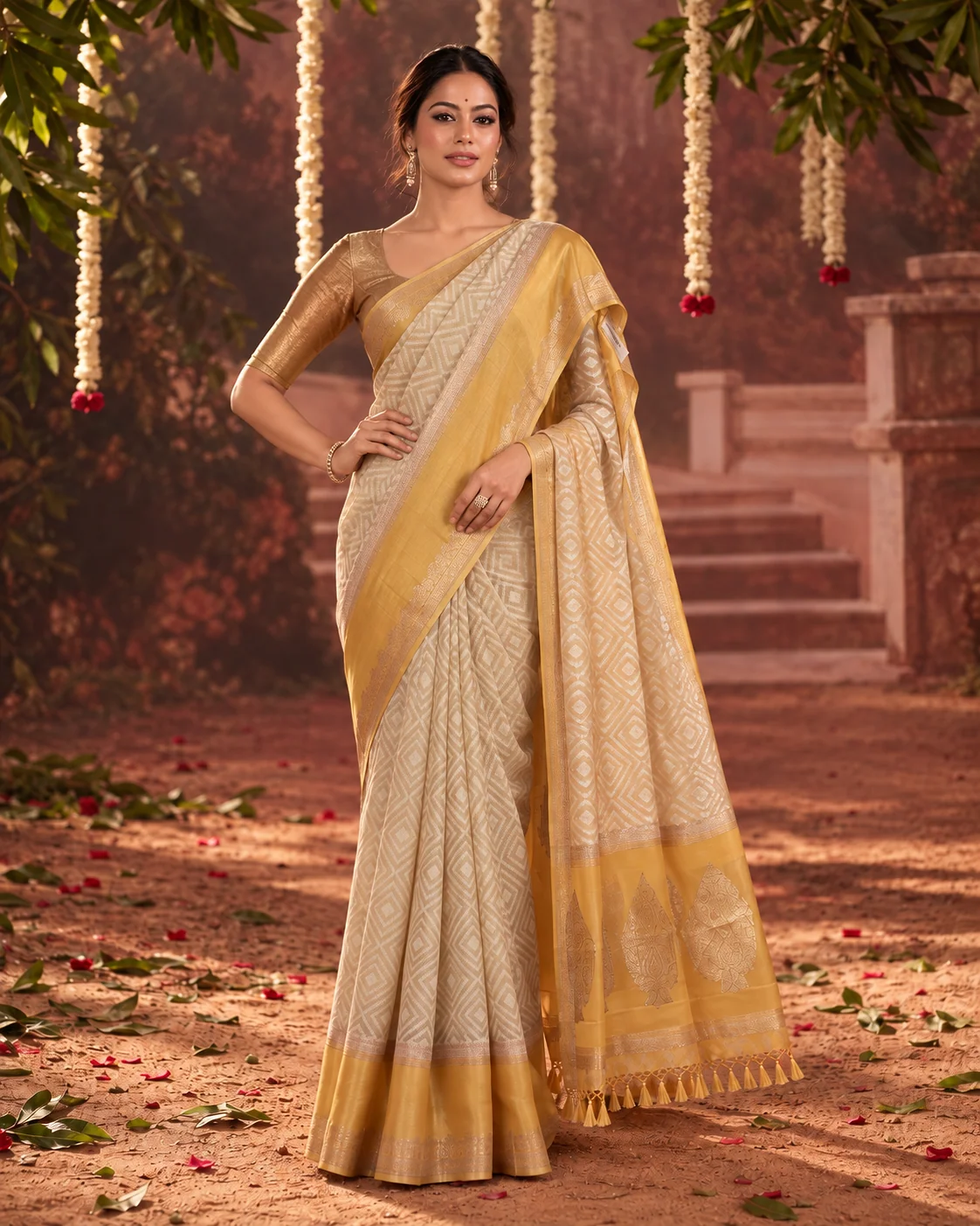 White & Yellow Organza Saree, Satin Border