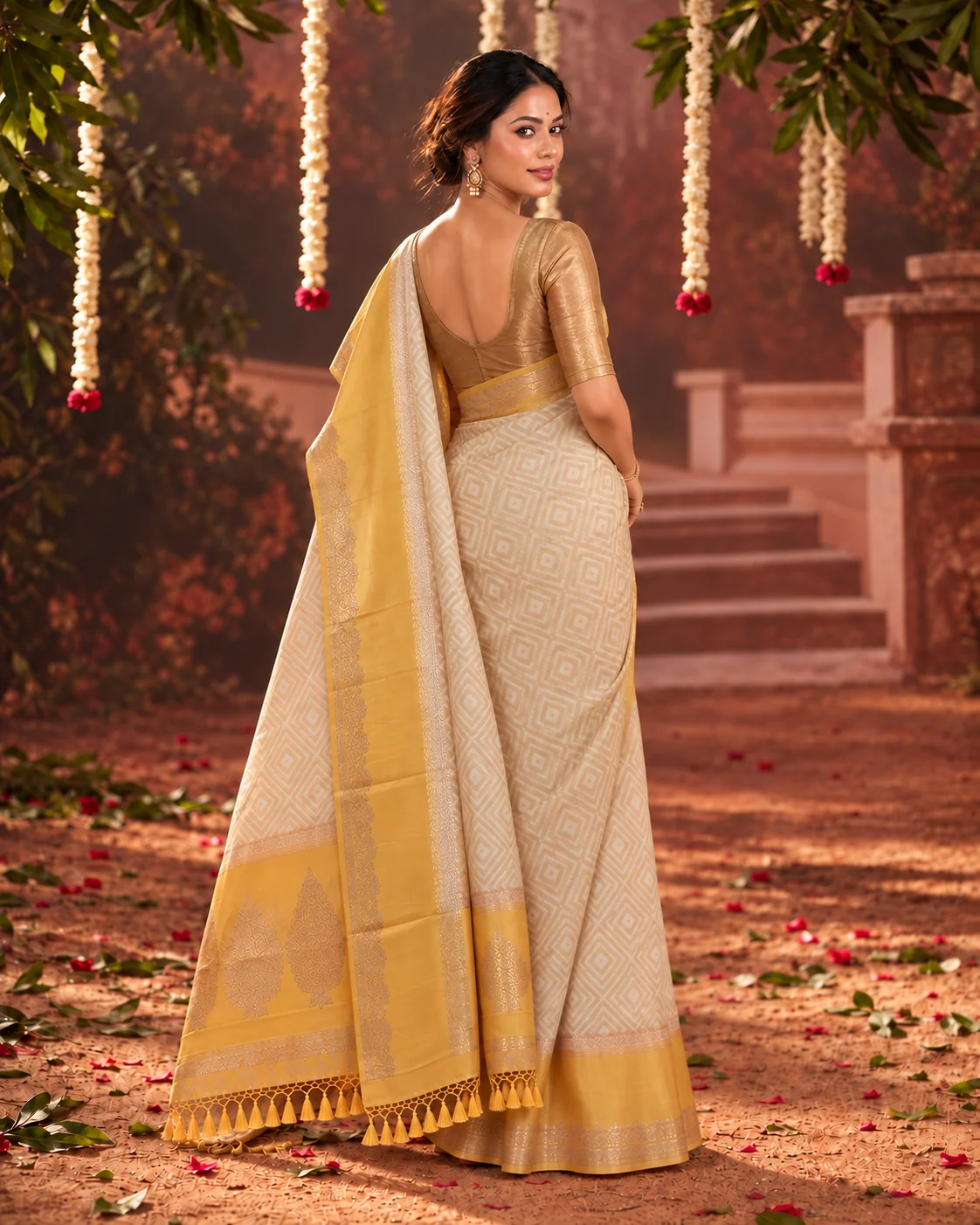 White & Yellow Organza Saree, Satin Border