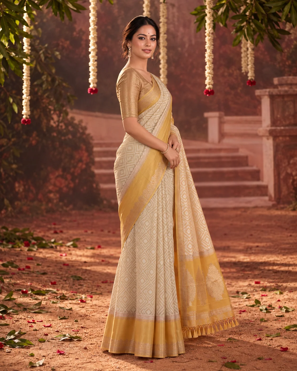 White & Yellow Organza Saree, Satin Border