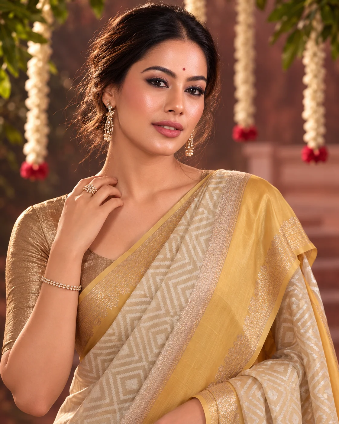 White & Yellow Organza Saree, Satin Border