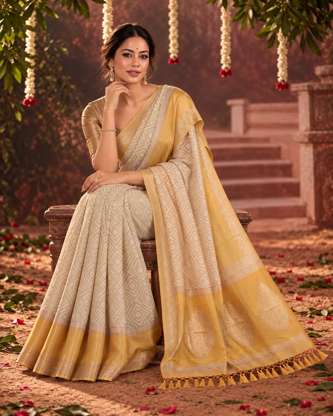 White & Yellow Organza Saree, Satin Border