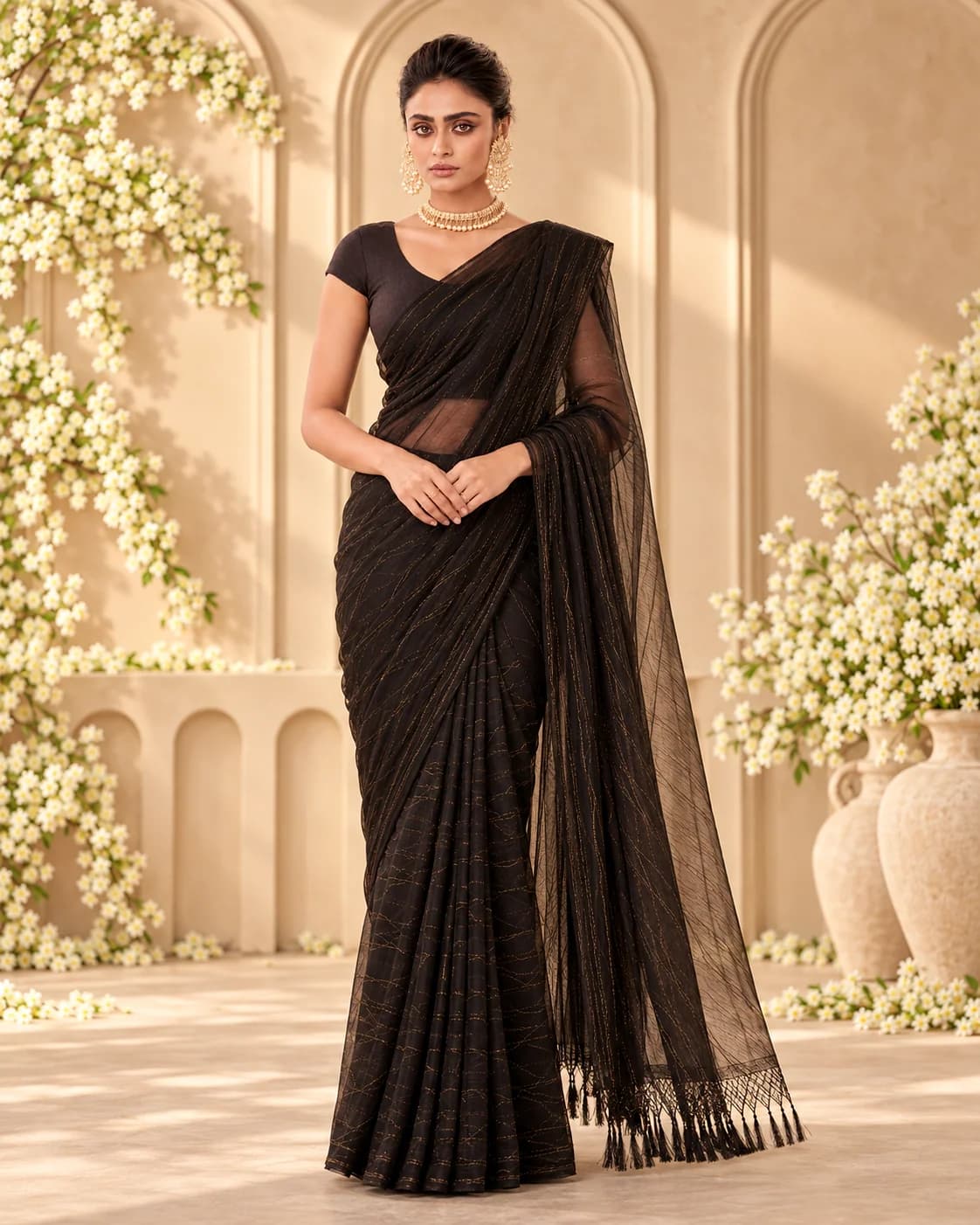 Black Organza Saree, Zari Lines