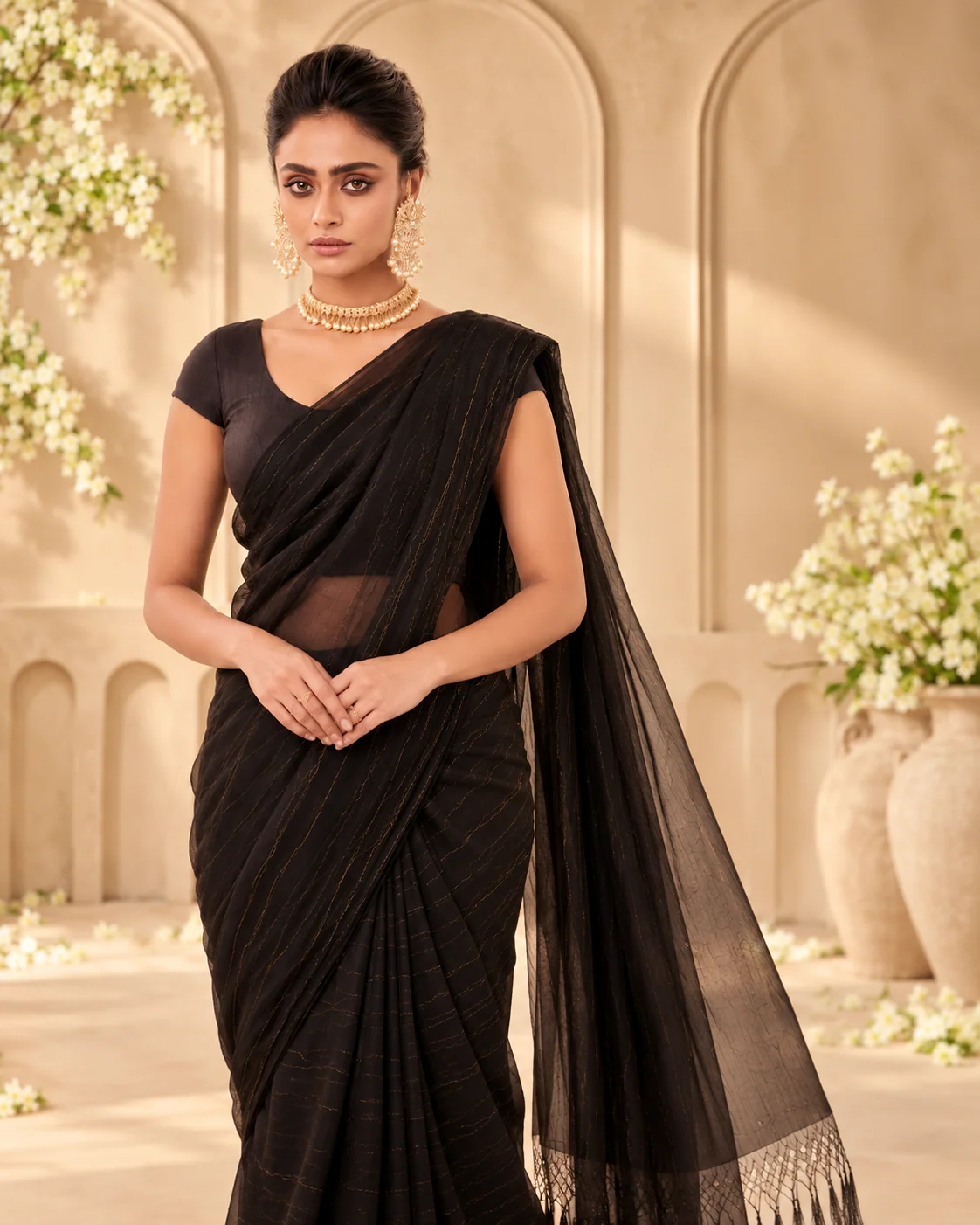 Black Organza Saree, Zari Lines