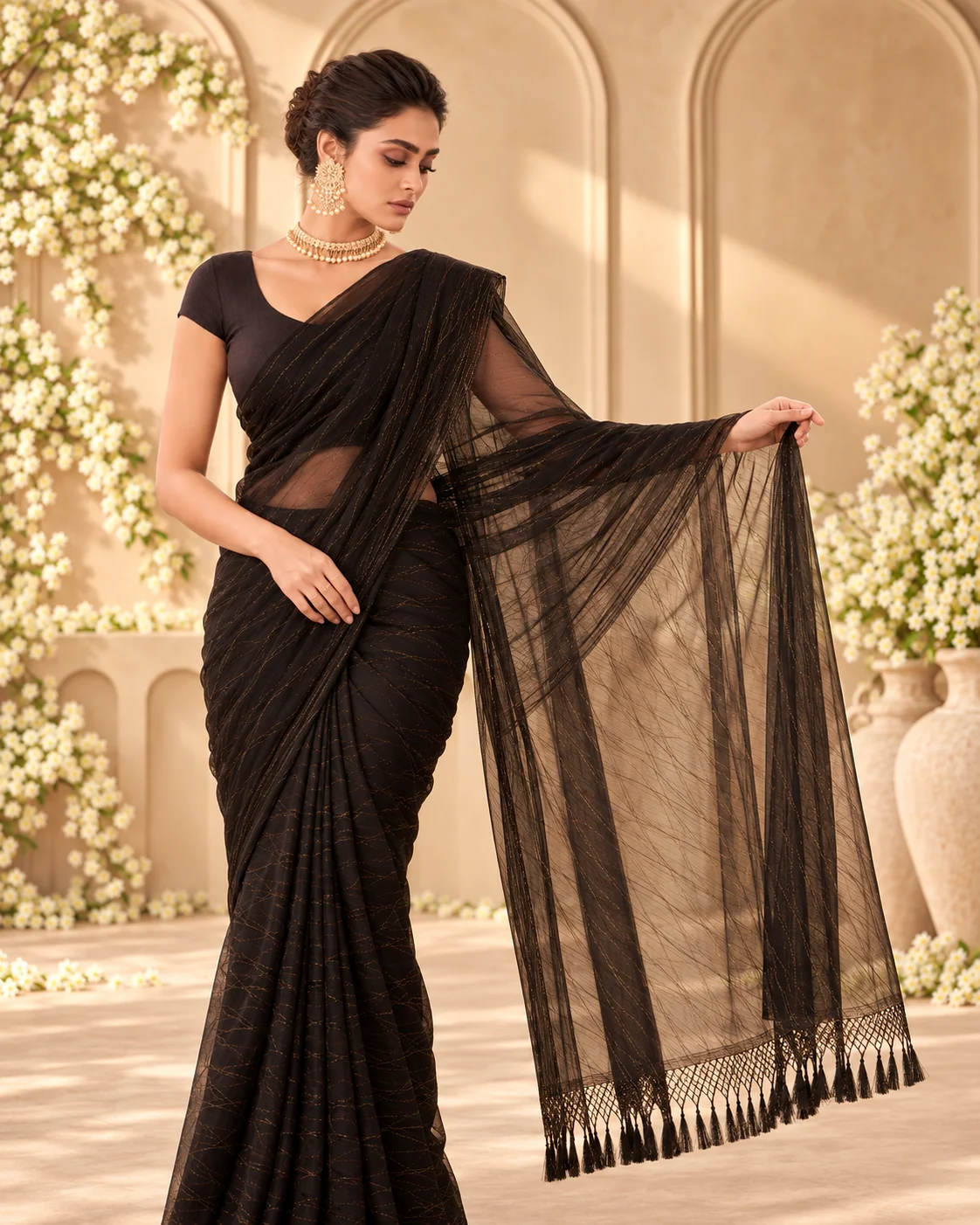 Black Organza Saree, Zari Lines