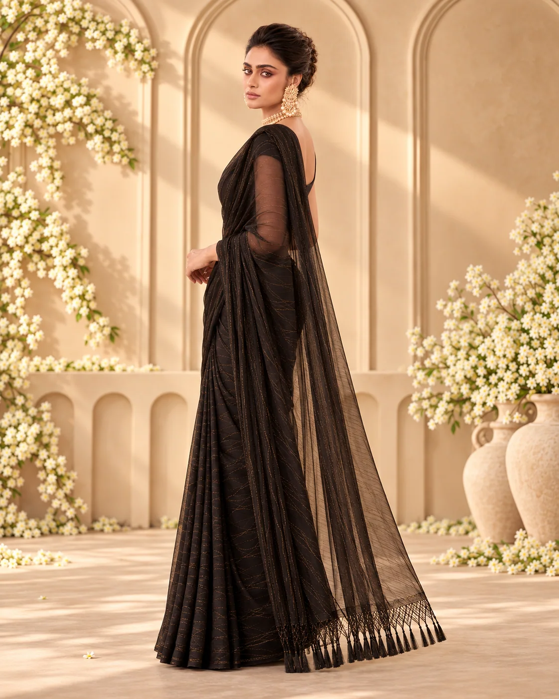 Black Organza Saree, Zari Lines