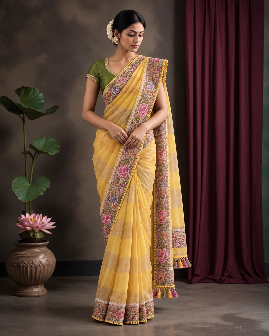 Yellow Pure Tussar Printed Saree, Embroidered Pallu