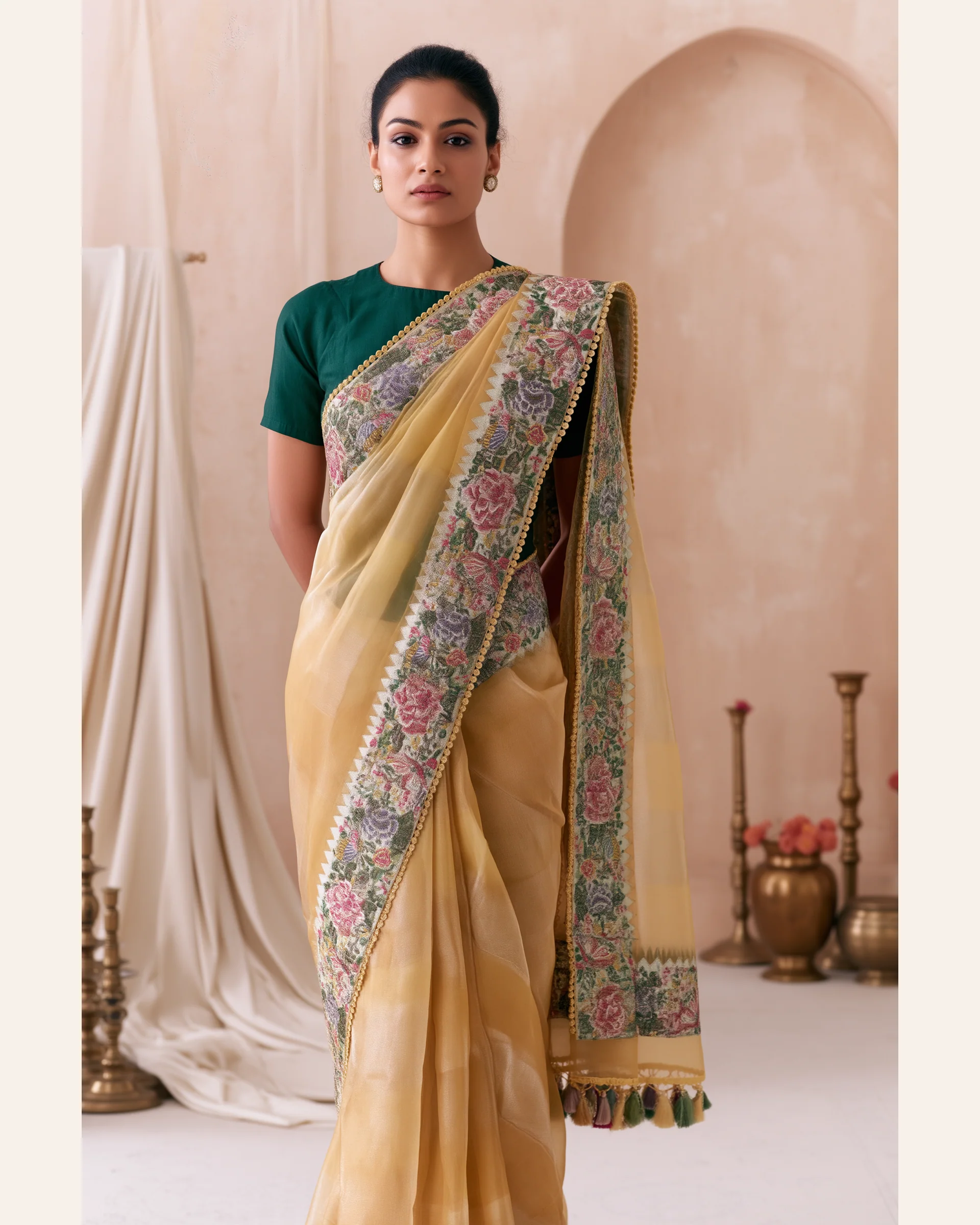 Yellow Pure Tussar Printed Saree, Embroidered Pallu