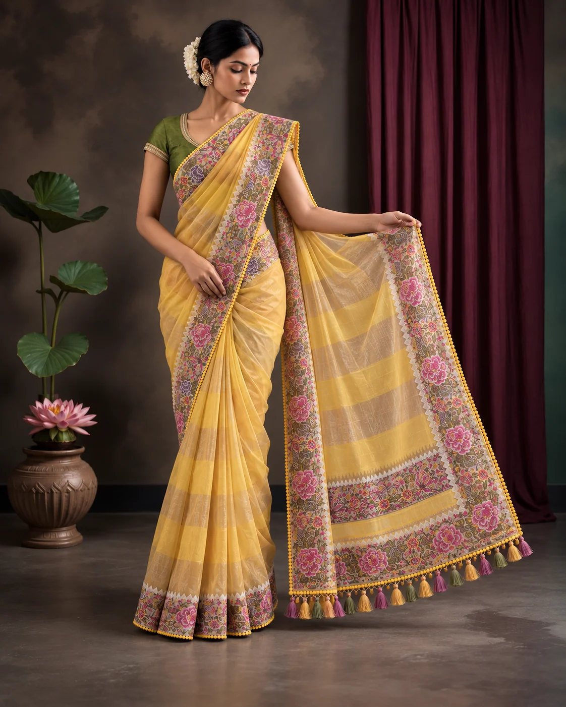 Yellow Pure Tussar Printed Saree, Embroidered Pallu